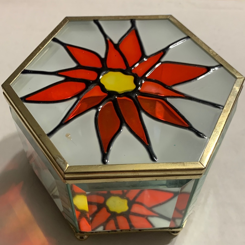Vintage Poinsettia Stain glass Hexagon Jewel box